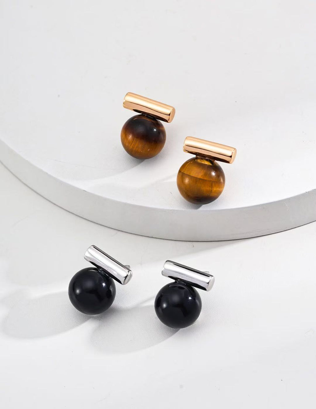 Pendientes Minimalistas   - Plata S925, Ojo de Tigre y Ágata Negra