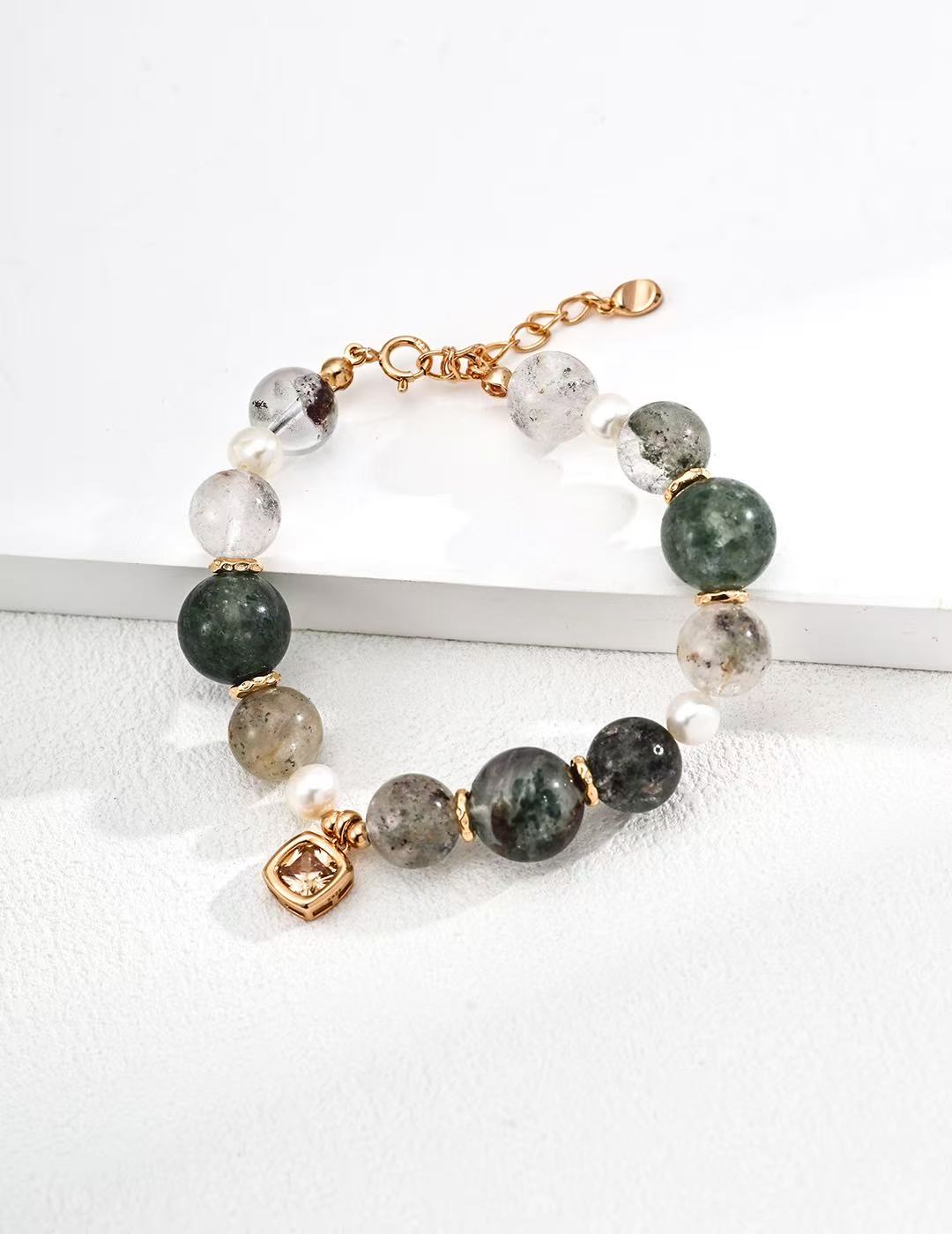 Pulsera de Plata de Ley 925 con Perlas Naturales y Cuarzo Fantasma