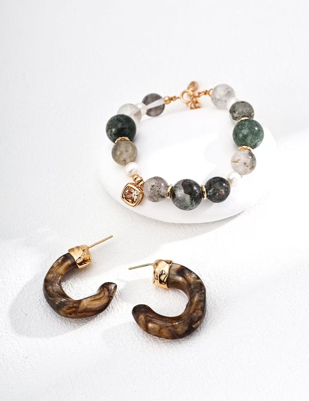 Pulsera de Plata de Ley 925 con Perlas Naturales y Cuarzo Fantasma