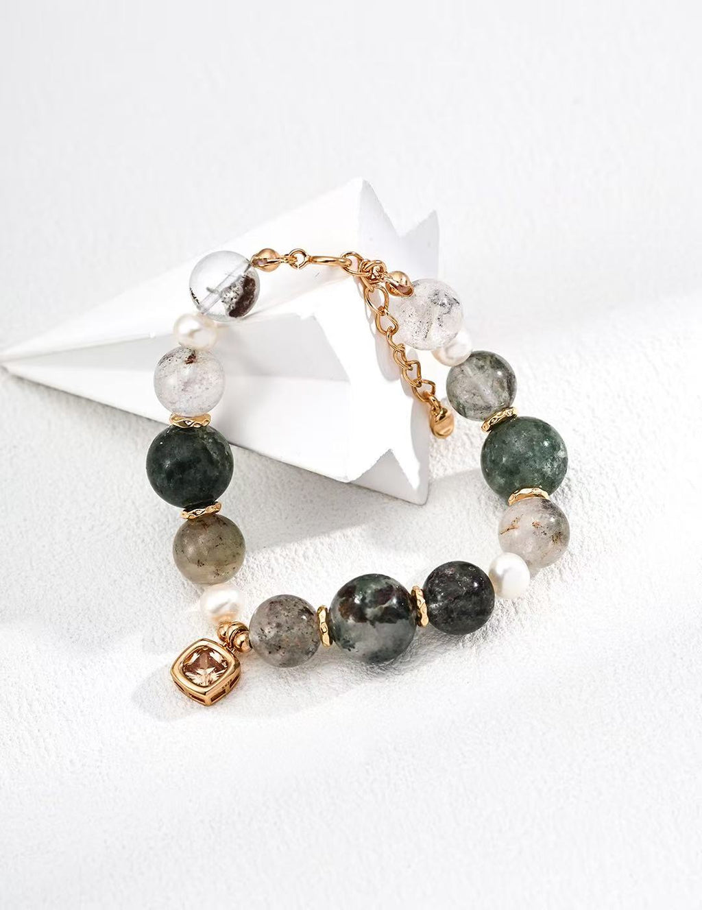 Pulsera de Plata de Ley 925 con Perlas Naturales y Cuarzo Fantasma