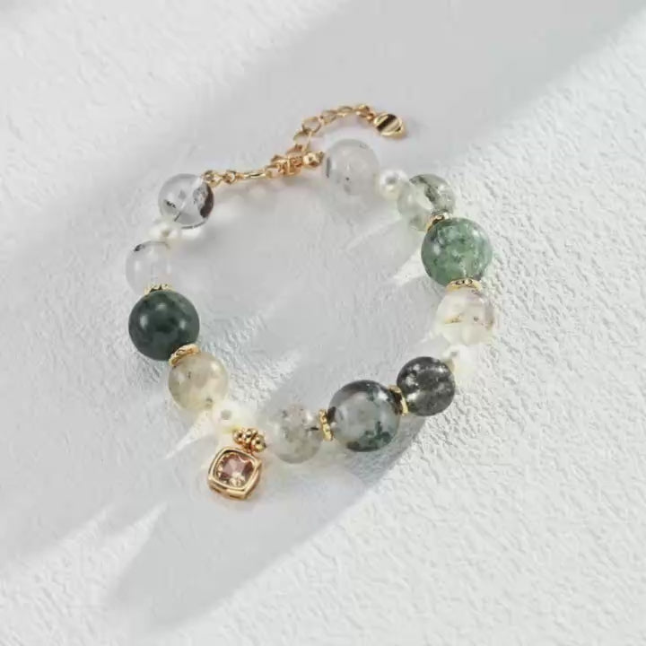 Pulsera de Plata de Ley 925 con Perlas Naturales y Cuarzo Fantasma