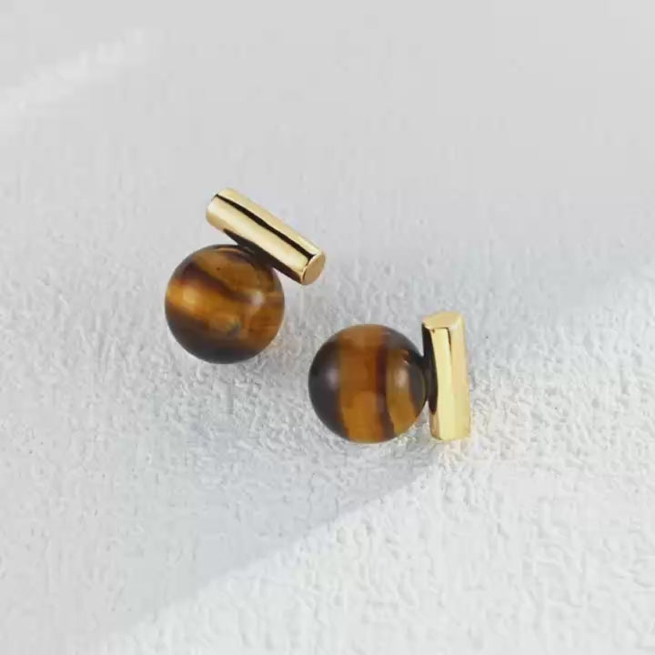 Pendientes Minimalistas   - Plata S925, Ojo de Tigre y Ágata Negra